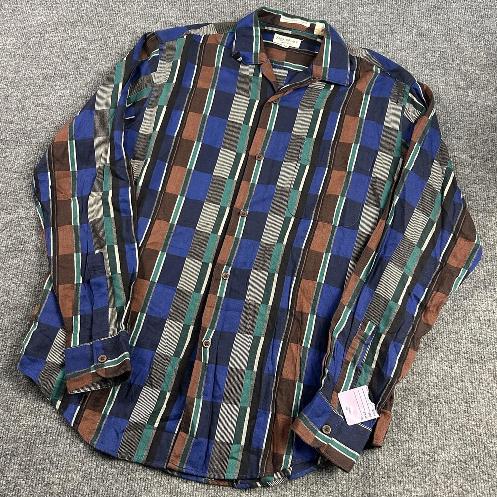 Yves Saint Laurent Shirt Mens Medium Multicolor Plaid Long Sleeve Button Up